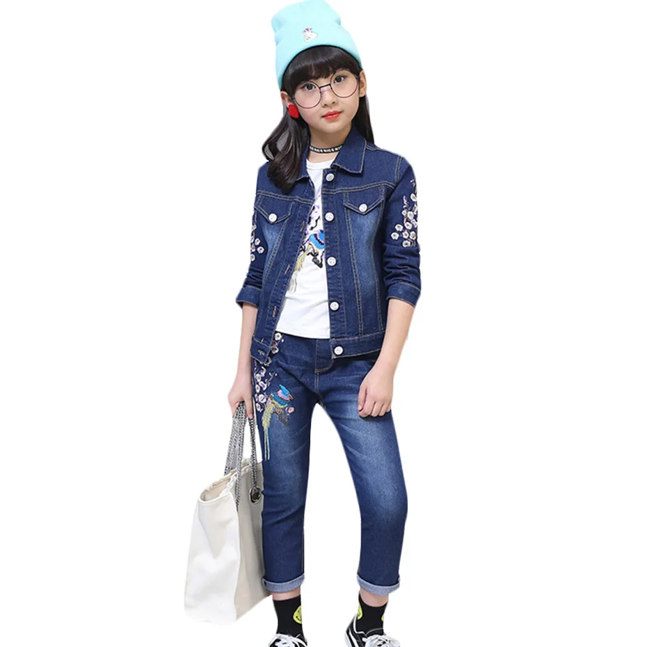 Джинсовая куртка с цветочной вышивкой для девочек 6 12 лет|Комплекты одежды