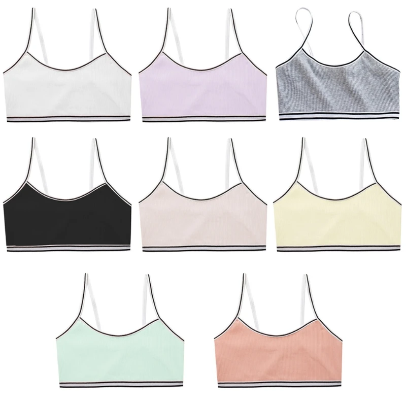 

Teenage Puberty Girl Sweet Candy Color Sport Training Bra Underwear Striped Patchwork Thread Ribbed Wireless Bralette Vest 8-16