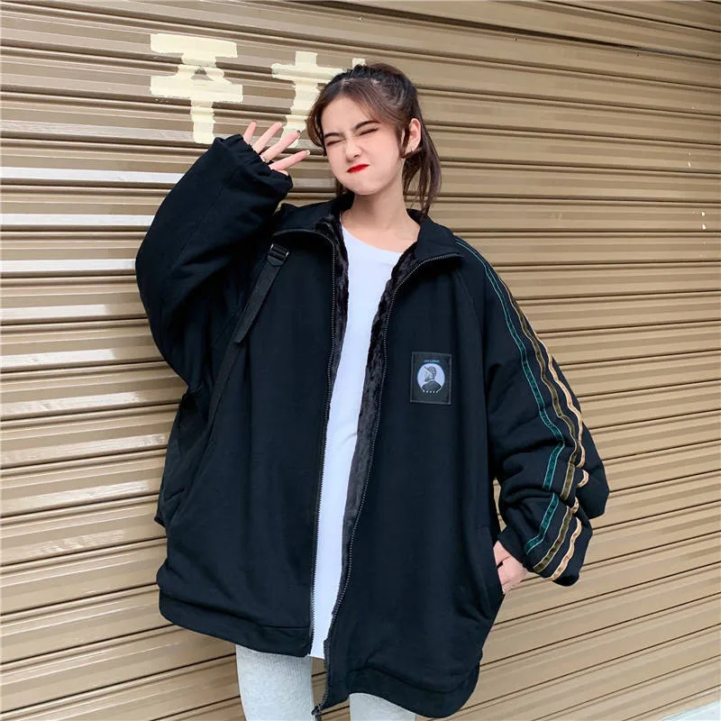 Женская свободная куртка-бомбер Harajuku Повседневная Базовая черная куртка