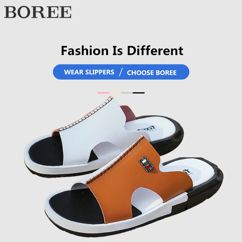 

Men's Sandals Summer Color Matching Male Leather Slippers For Men Comfortable Slip-on Casual Sandals Fashion Mens Beach Slippers