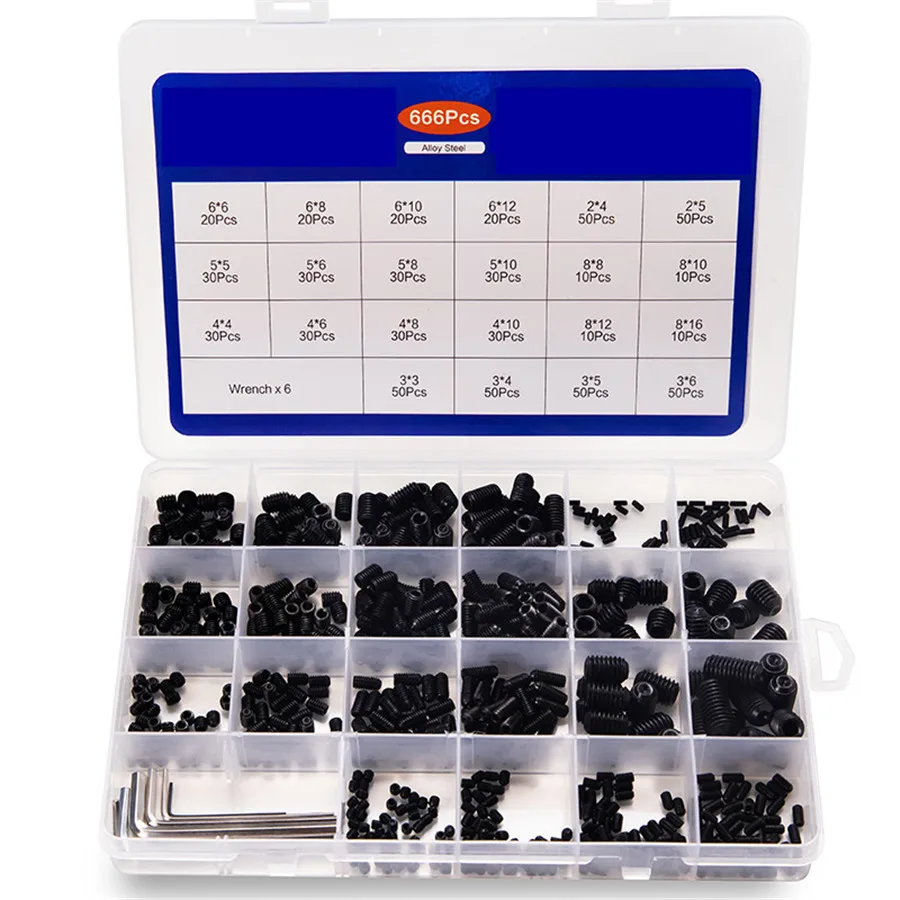 

666pcs / Lot Grub M2 M3 M4 M5 M6 M8 Hex Socket Screws Hexagon Headless Set Carbon Steel