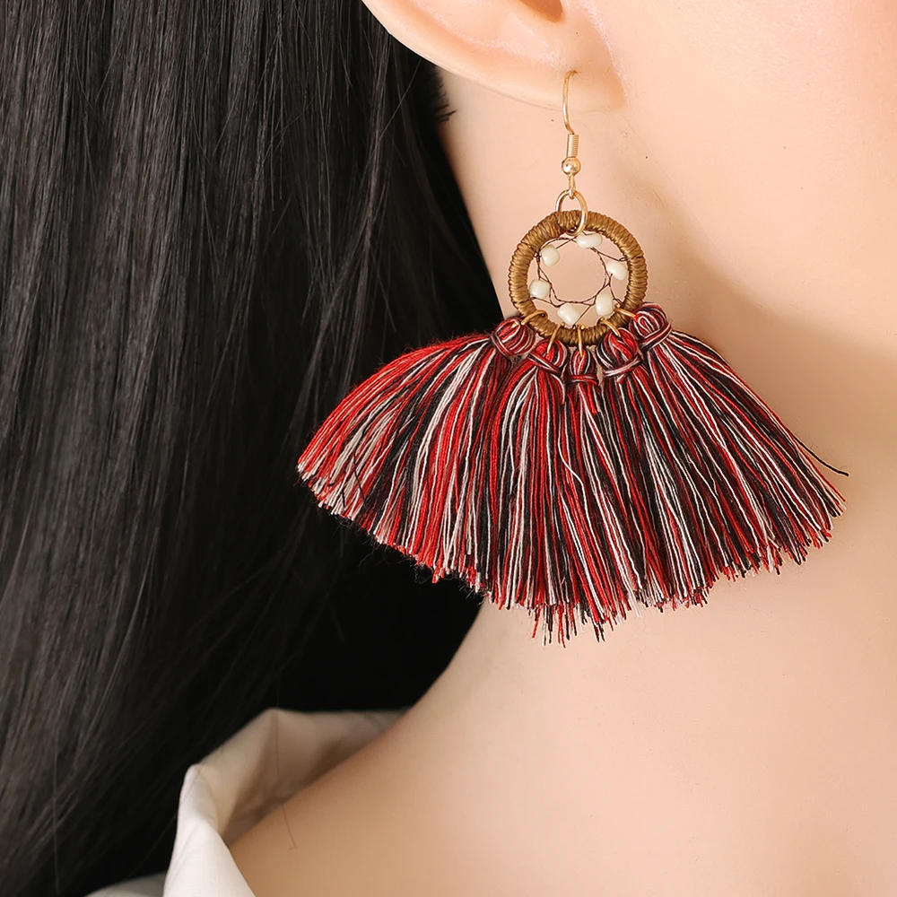 

New Boho Big Tassel Earrings Long Statement Jewelry Wholesale Rainbow Cute Boho Dangle Hanging Ear Ring For Women Party 2021 Za