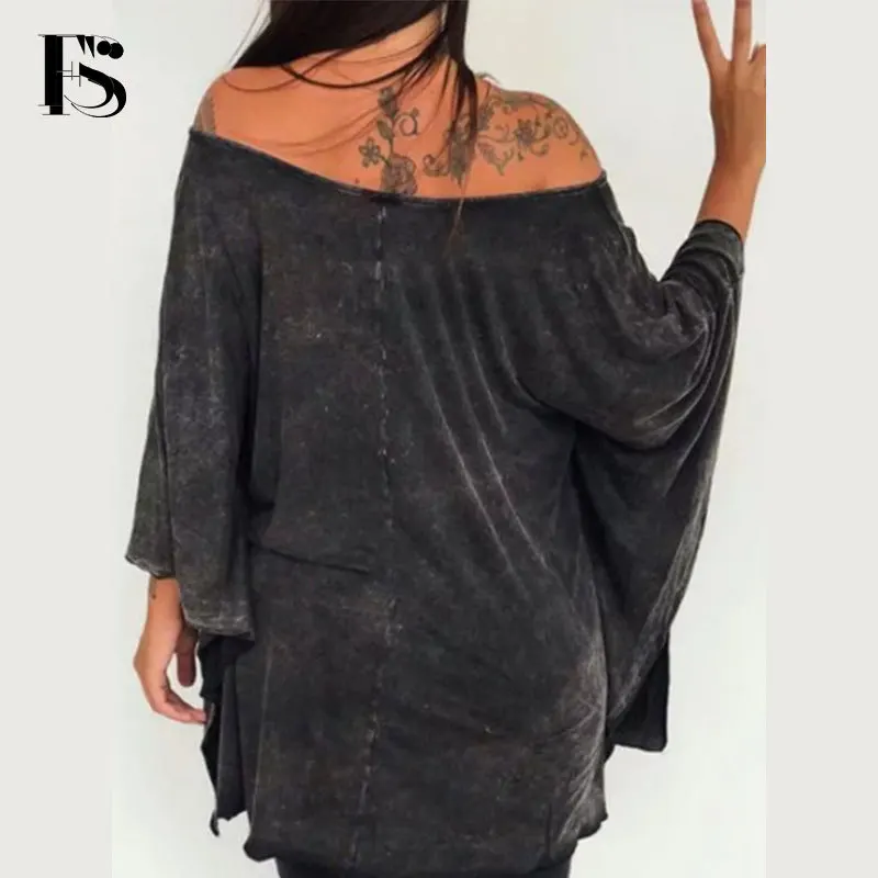 

Autumn Casual Geometry Printed Women Tops Oversize Batwing Sleeve Irregular Loose T-shirt Sexy Off Shoulder Letter Print T-shirt