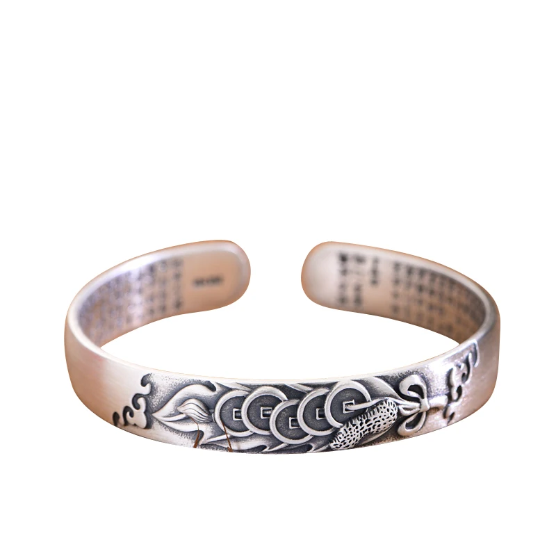 

New Handmade Five Emperor Money Transfer Heart Sutra Men And Women Opening Adjustable Solid Retro Lovers Silver Bracelet Jewelry