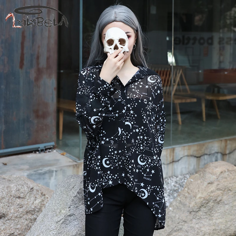 ImilyBela Gothic Blouse Women Casual Long Sleeve Print Bow-knot Turn-down Collar Black Shirt Autumn Loose Blusas Sexy Streetwear |
