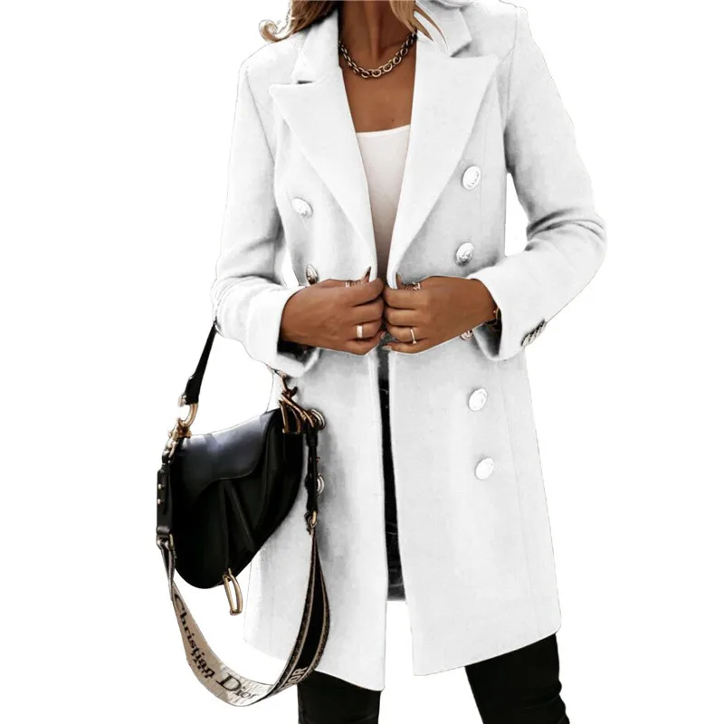 

New Winter Women's Solid Color Fashion Long-sleeved Lapel Coat Double-breasted Woolen Coat Coat Mid-length Casual Coat