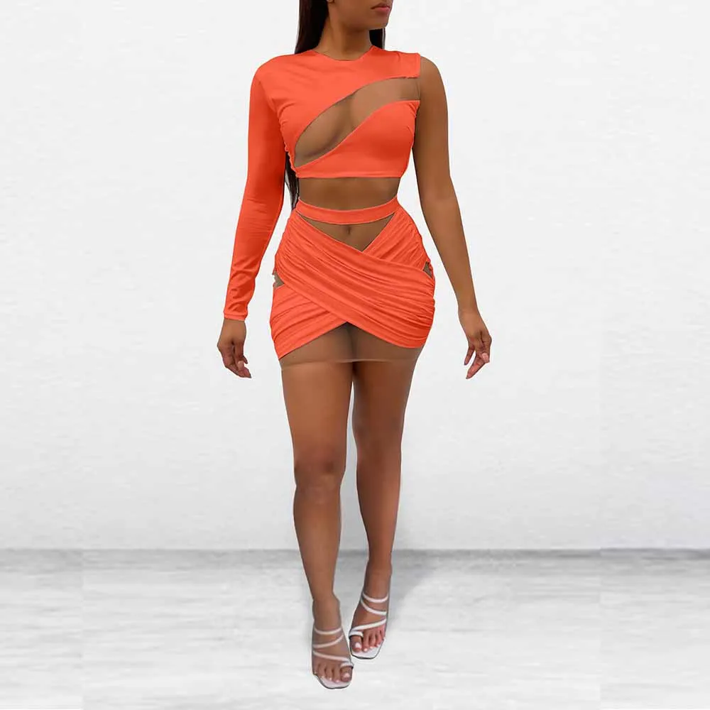 Mesh Sheer Patchwork See Through 2 Piece Club Outfits Women Sexy Asymmetrical Sleeve Crop Top and Pleated Sheath Mini Skirt Suit