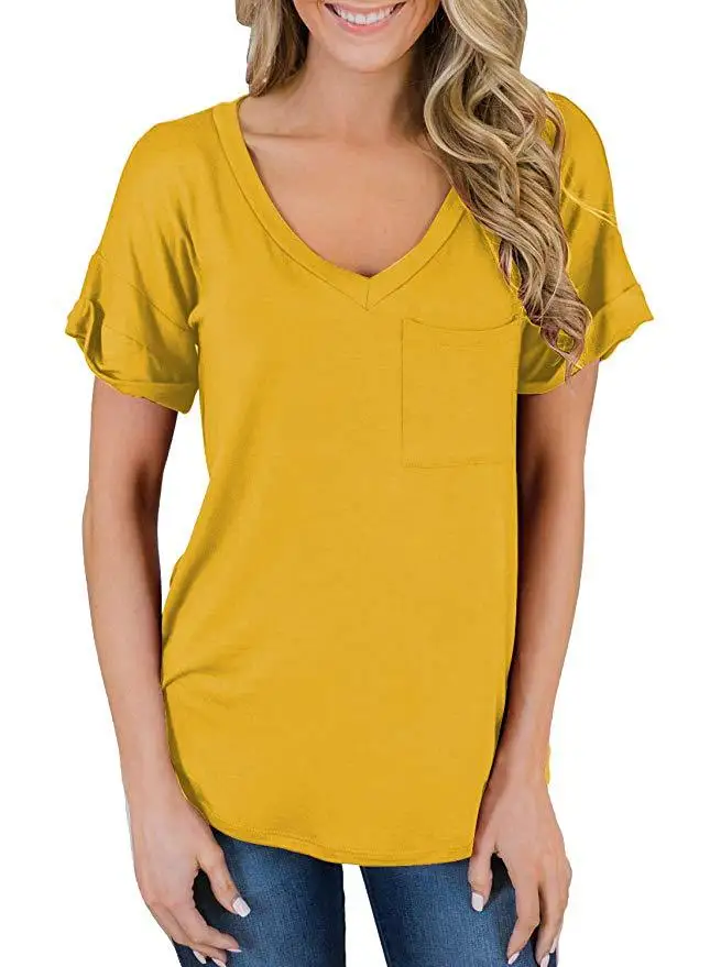 

2021 summer new V-neck pocket T-shirt curled short-sleeved loose top