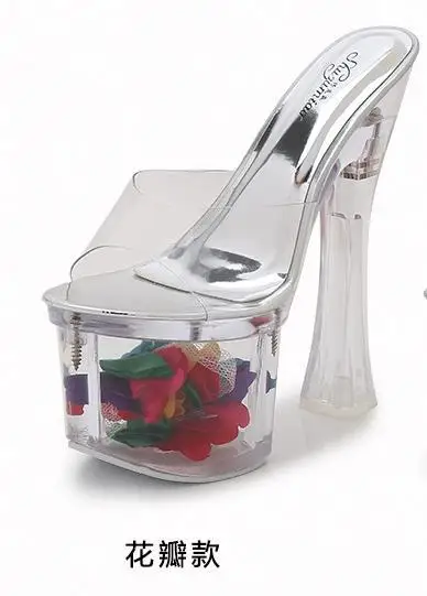 

2020 summer super high heeled crystal slippers women's 17cm super high heeled cool slippers waterproof stage show high heeled