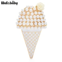 wulibaby big pearl ice cream brooches women unisex white flower icecream party casual brooch pins gifts