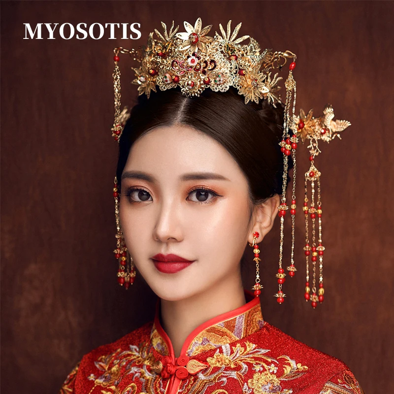 

Bride Red Pearl Headdress Luxury Chinese Wedding Dress Coronet Classical weeding Hairpin set Tassels Hair Accessories