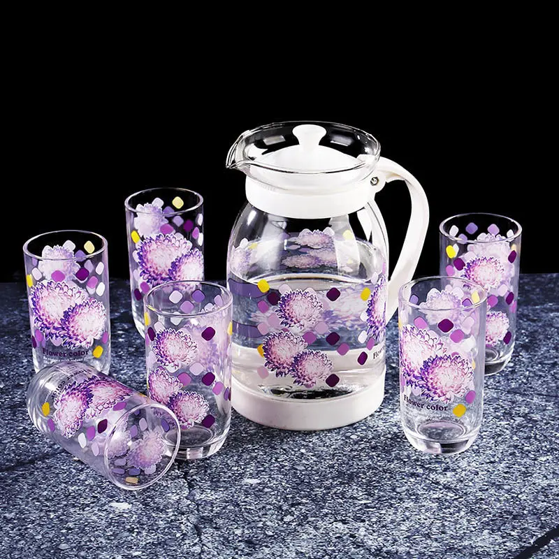 

Household Cold Water Bottle Glass Printing Cup Seven-piece Suit Glass Large Capacity Teapot Explosion-proof Heat-resistant High