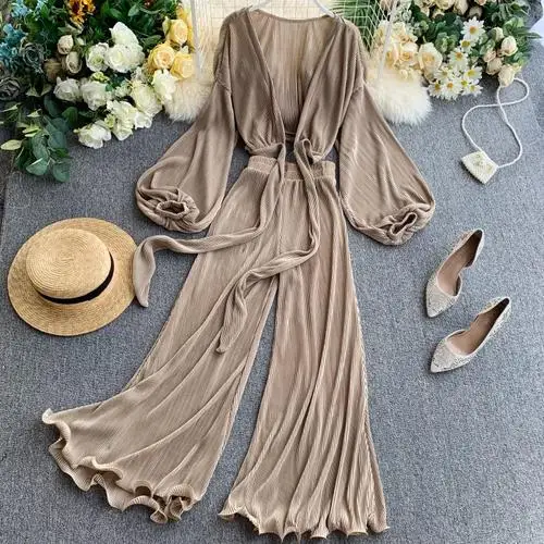 Khaki Gagagnight модные женские туфли комплект из двух предметов свободные топы с длинными рукавами Блузка Связывание оборками эластичный пояс лодыжки длина - Цвет: Khaki