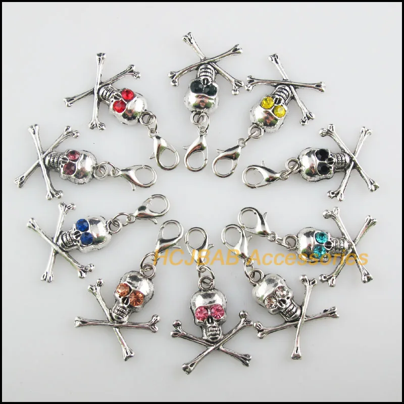 

10 New Skull 21x23.5mm Charms Mixed Round Crystal Tibetan Silver Plated Retro With Lobster Claw Clasps