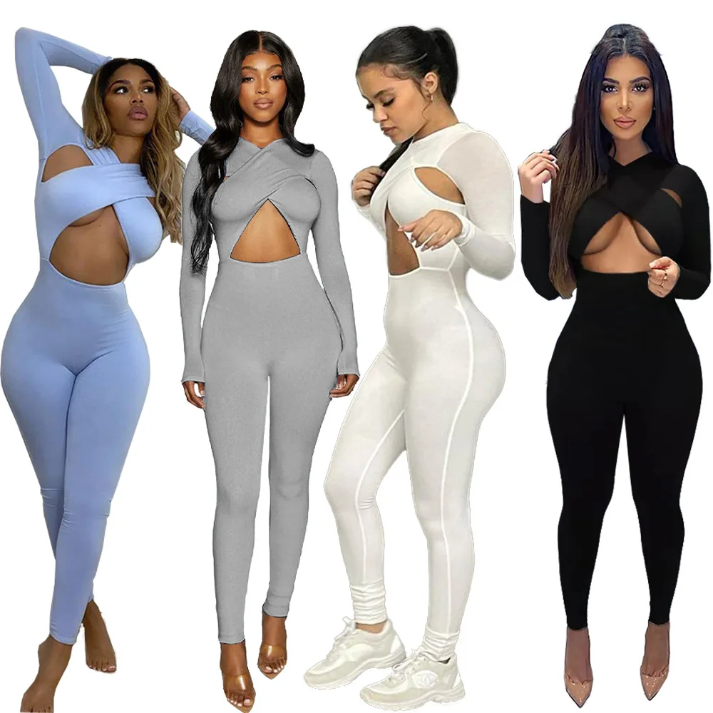 

Fashion Women Solid Color Sexy Cross Hollow Out Jumpsuit Long Sleeve One Piece Jumpsuit Bodycon Nightclub Party Outfits
