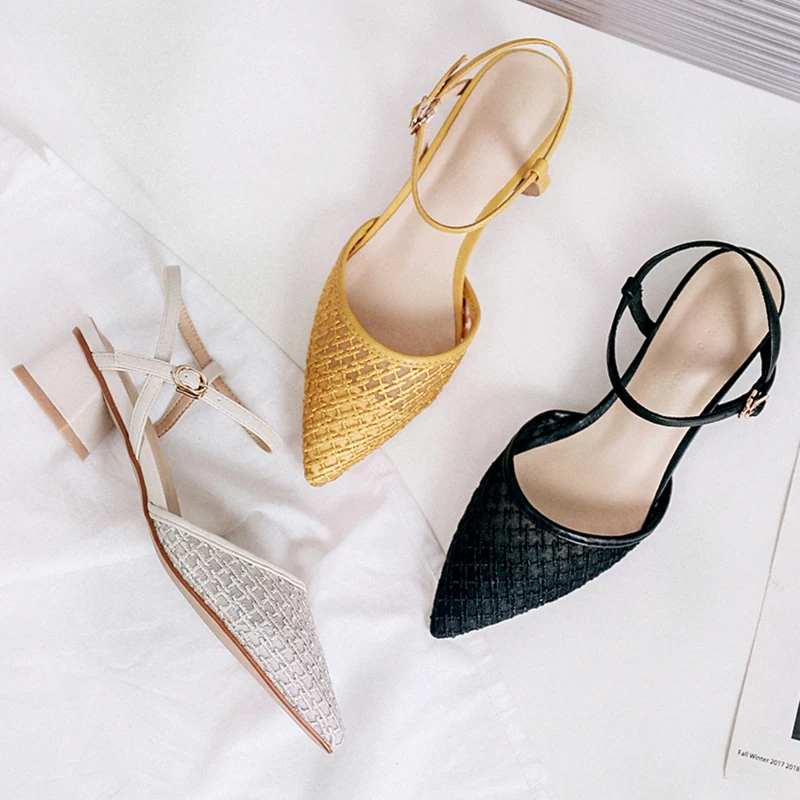 

Women Beige Yellow High Heels Sandals 2021 Summer Mesh Sexy Pointed Toe Mules Shoes Women Outdoor Party Fashion Elegant Pumps