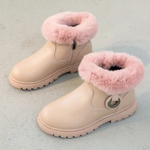 Ботинки Martin для девочек; Новинка 2022 года; Зимние меховые ботинки; Детские бархатные ботильоны с пряжкой; Модная детская обувь из хлопка; Цвет черный, розовый