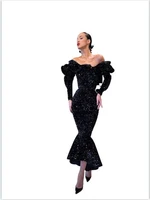 black sparkly cocktail dresses sequins long sleeve off shoulder mermaid evening dress ruffles tea length formal party gowns