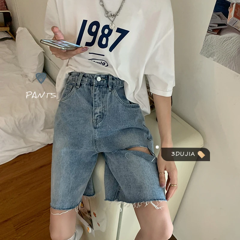 Летние 2021 новый корейский вымытые рваные прямые шорты из джинсовой ткани штаны