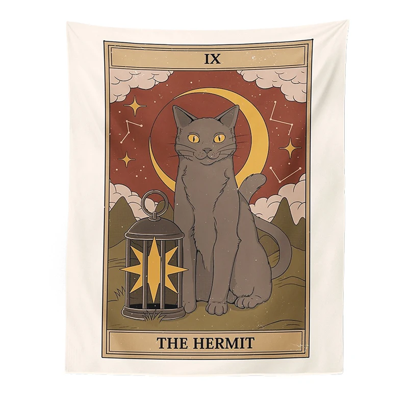 Tarot Card Tapestry Boho Wall Hanging Cat Mysterious Divination Witchcraft Beach Moon Phase Aesthetic Room Decor Mural | Дом и сад