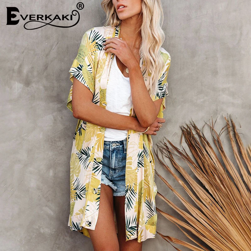 

Everkaki Boho Leaves Print Kimonos with Belt Women Coat Summer Beach Vacation Yellow Y2K Plus Size Outerwear Kimono Robes 2021