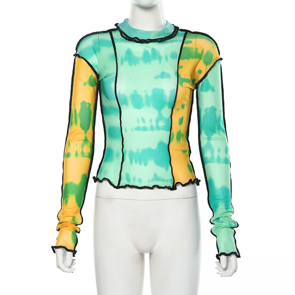 

Casual Women Mesh Colorful Print Shirts Tee Ruffle Basic Long Sleeve T-shirts Mujer Transparent Mesh Shirts Femme Dance Tee
