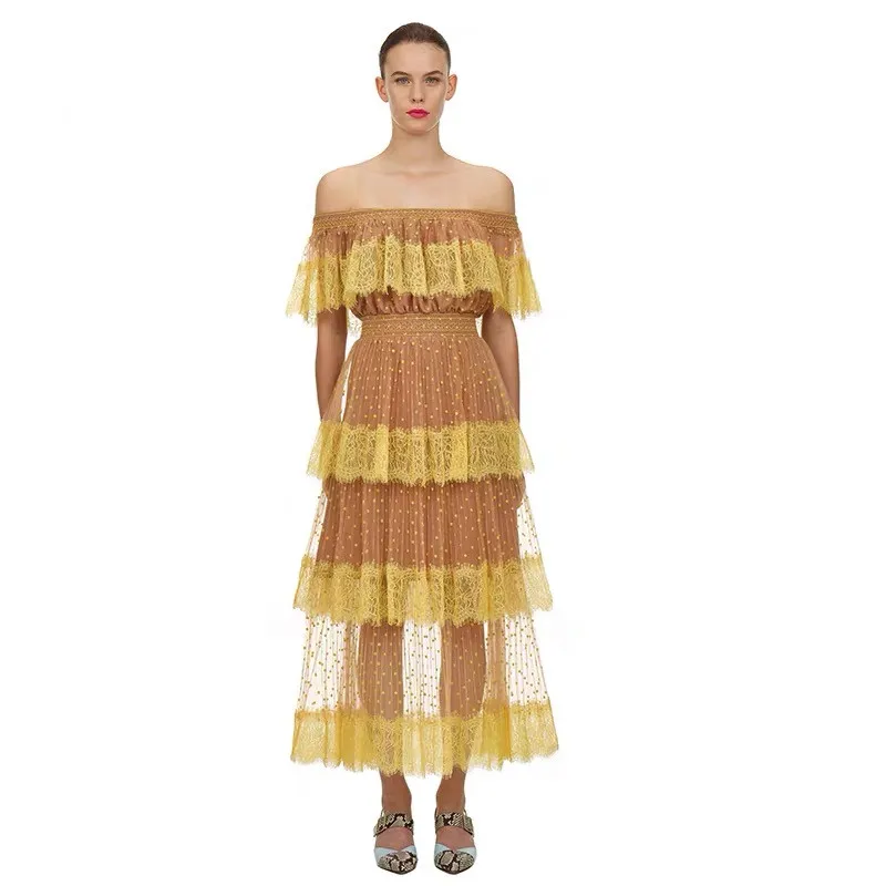 Женское кружевное платье в горошек пикантное желтое мини-платье с открытыми