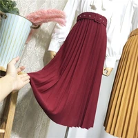 pure color belt organ pleated skirt half length skirt spring women mid length high belt all match a line long skirt large swing