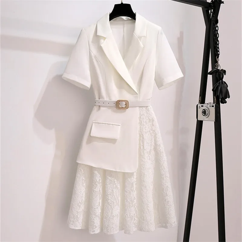 

White Suit Dress Women Lace Spliced Belt Fashion Short Sleeve High Waist Midi Long Dress Lady Summer Loose Plus Size Party Dress