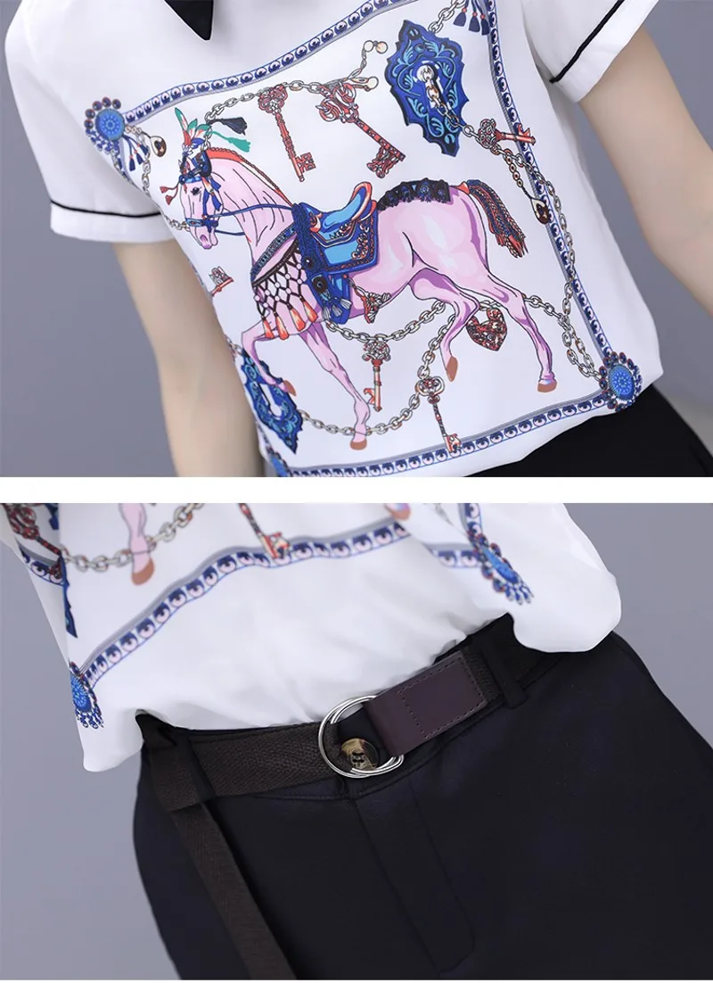 

2021 summer fashion casual women 2 pieces suits print chiffon blouse tops + shorts set Women 2 piece sets With Belt
