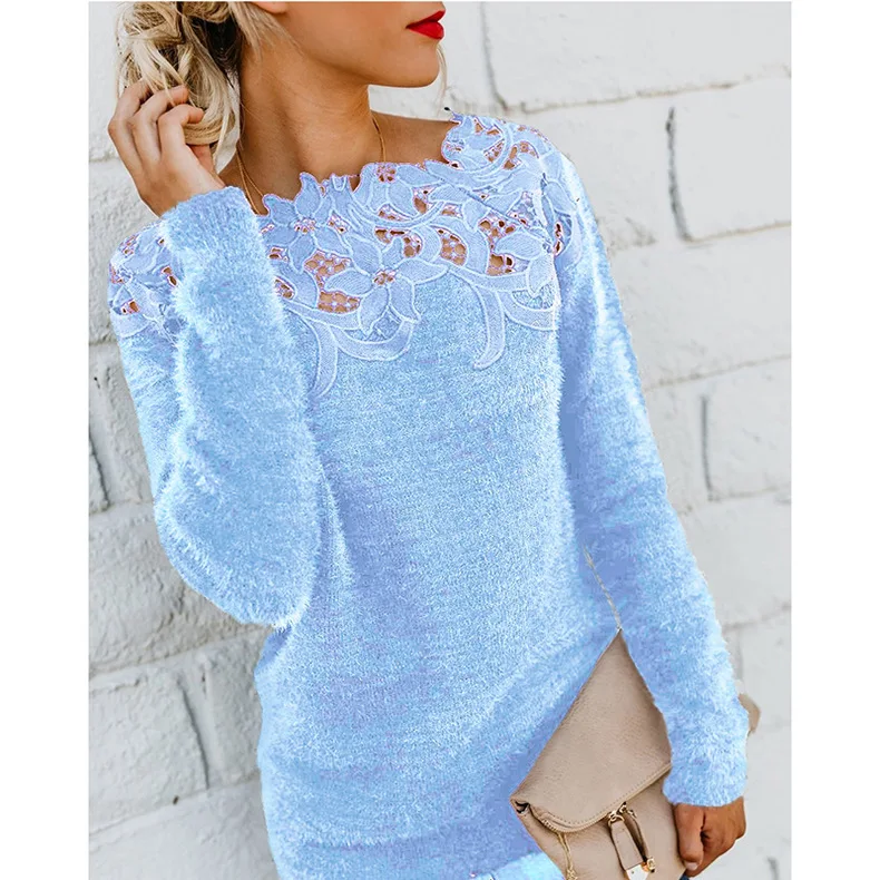 

Women Sweater Plus Size Harajuku Pullover Knitted Sweaters Casual Computer Knitted O-Neck Lace Christmas 2020 Pink Fashion