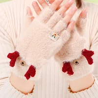 cartoon deer fingerless flip gloves winter warm soft comfortable knitted glove touchscreen women exposed finger mittens gloves