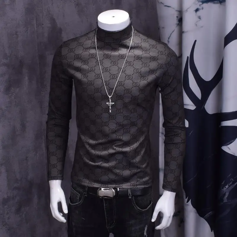 

New men's autumn/winter thick half collar print plus velvet long sleeve t-shirt