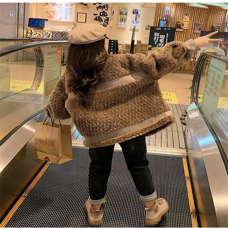 

Spring Winter Girl Fur Coat Jackets Warm Clothing Kids Teenage Children Tops Plus Cashmere Cardigan Straight Cuffs Beige Brown