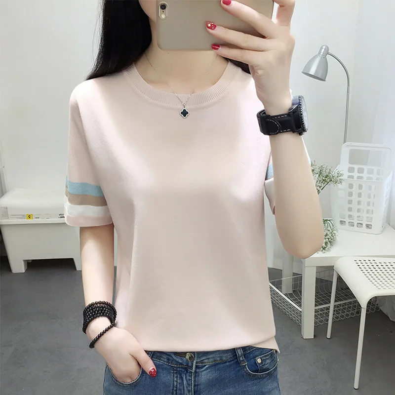 

Women's Summer Ice Silk Knitted T-shirt Short Sleeve O-neck Loose Sweater Pullovers Korean Chic Striped Tops Streetwear