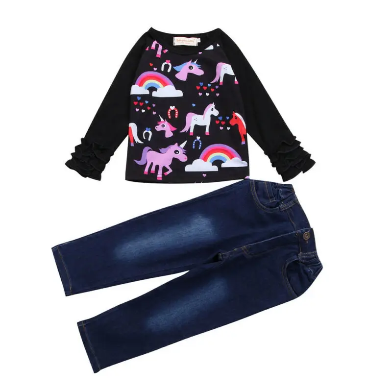 

Toddler Kids Girls 2pcs Outfits T-shirt Tops+Long Jeans Pants Tracksuit Clothes