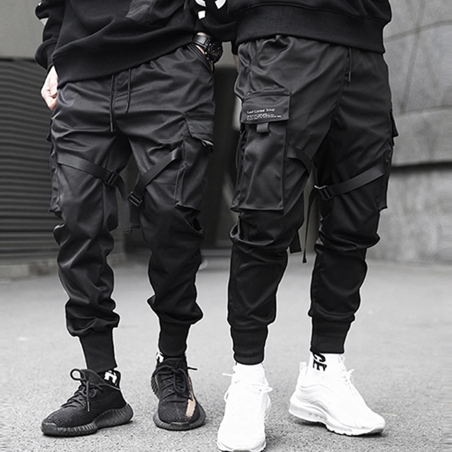 

LACIBLE Ribbons Hip Hop Cargo Pants Men Black Pocket Streetwear Harajuku Techwear Pants Trousers Harem Joggers Sweatpants