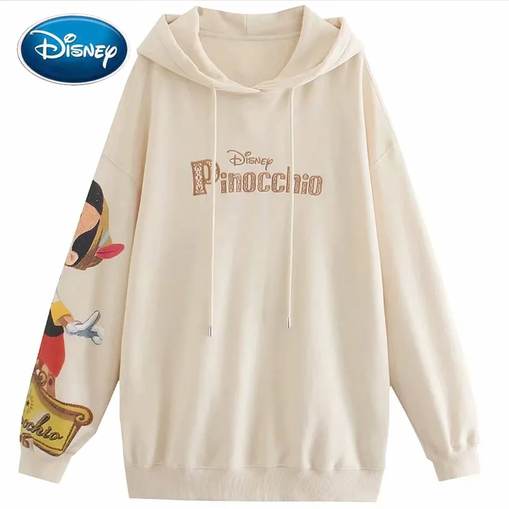 

Женский свитшот Disney, винтажный Повседневный Свободный Топ с длинным рукавом и вышивкой из мультфильма «Приключения Пиноккио»