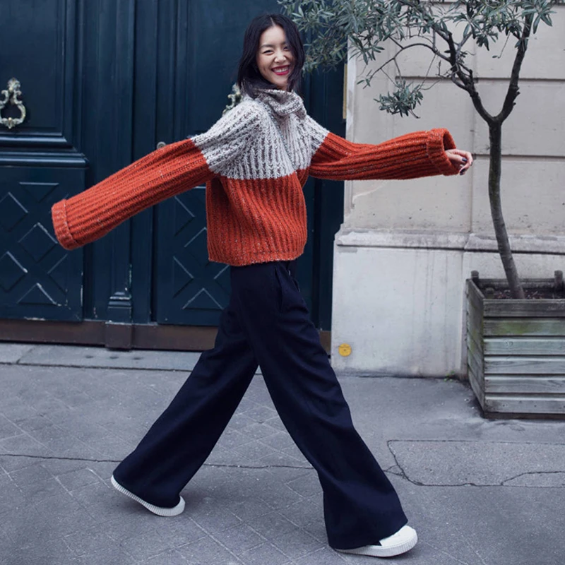 2018 женский толстый осенний свитер контрастного цвета с длинным рукавом высоким
