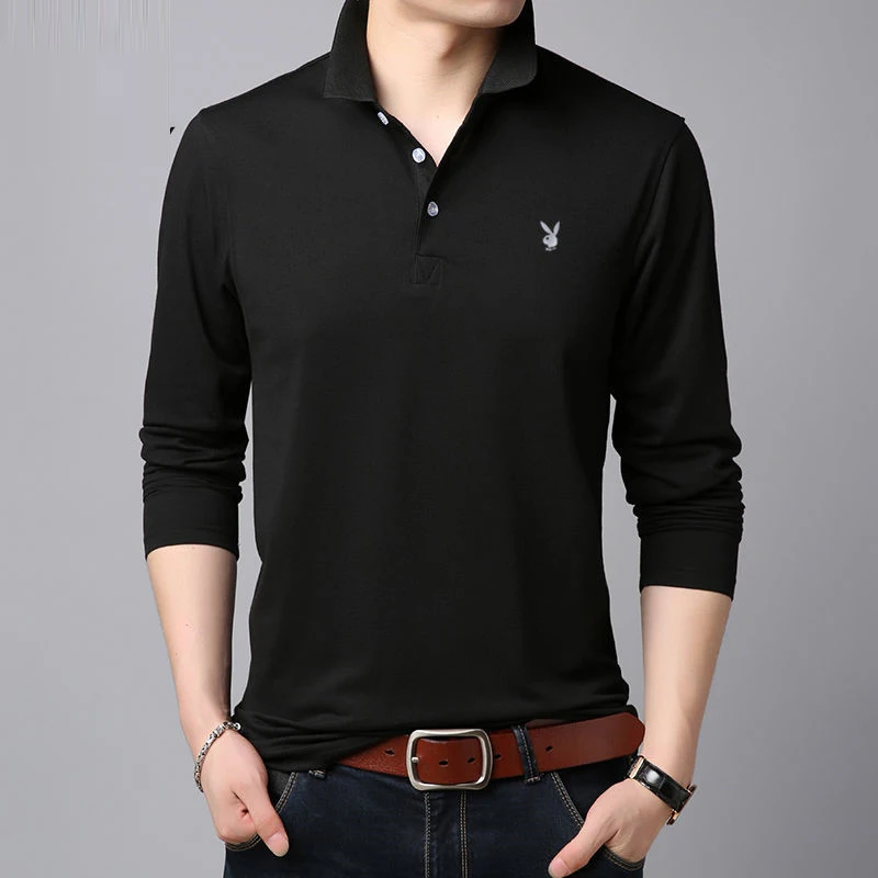 

2019 fashion men Long sleeve Polo shirt Pure color leisure high-grade male Pure cotton comfortable Slim fit Polo shirt black