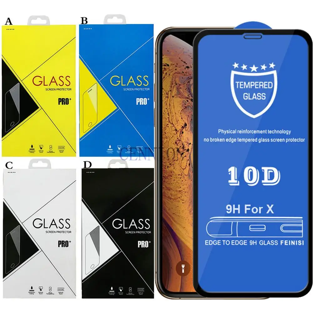10D Full Covered Tempered Glass Protector for iPhone 14 13 12 5.4 6.1 6.7 X XR Xs 11 Pro 5.8 Max 6.5 6s 6 8 5.5 7 plus 1000pcs