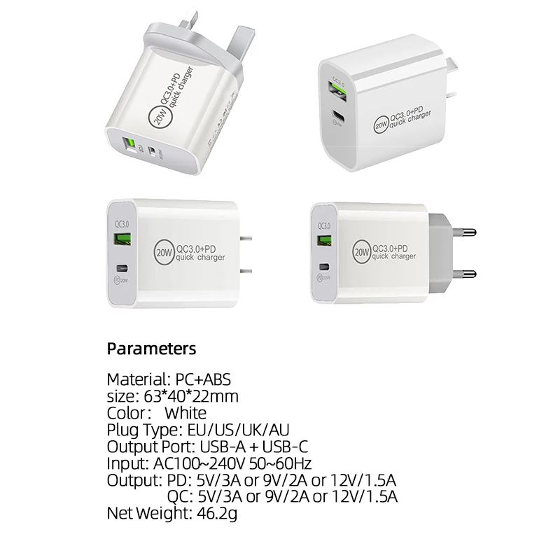 Быстрое зарядное устройство для телефона USB Тип C PD 20 Вт 2 порта адаптер быстрой