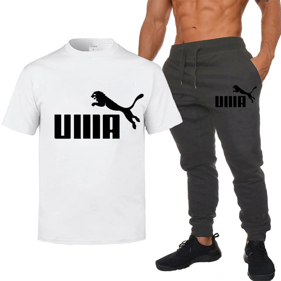 

2021 fashion leisure sportswear summer leopard pattern men's jogging fitness men's T-shirt Fashion Top + casual pants