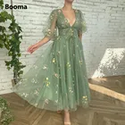Женское платье с вышивкой Booma, зеленое кружевное платье средней длины с глубоким V-образным вырезом и рукавом до локтя, Тюлевое платье для свадебной вечеринки, вечерние платья, 2022