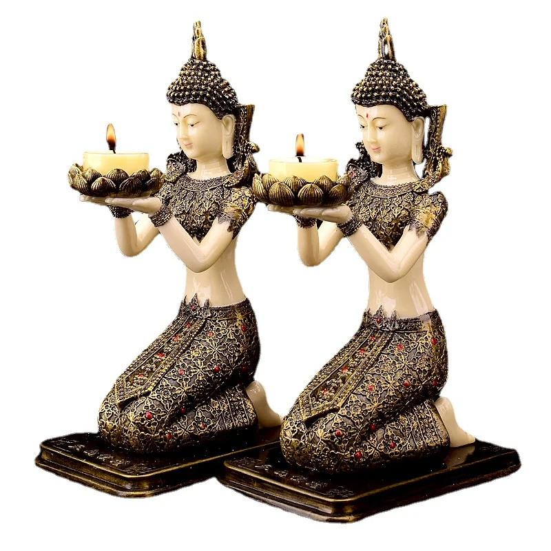 Tibetan Buddhist Temple Home Decoration Resin Charms Cute Girl Figurines Candle Holders Decor for Table Centerpiece Gift Mum B