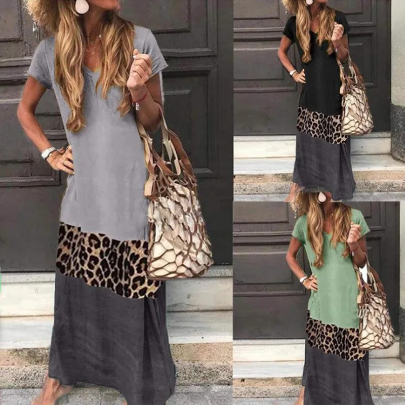 

New Style Hot Sale Simple and Loose Contrast Color Leopard Print Stitching Short-sleeved Printing V-neck Long Dress Leopard