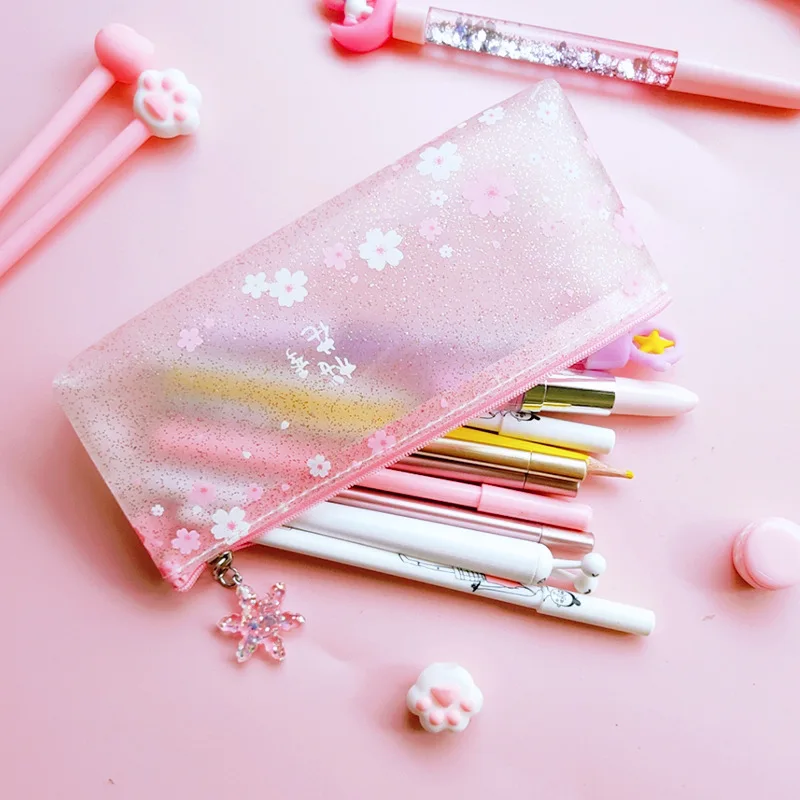 

Sweet Pink Pencil Bag Glittering Frosted Sakura Kawaii Pencil Cases Pouch School Office Supplies Korean Stationery Organizer