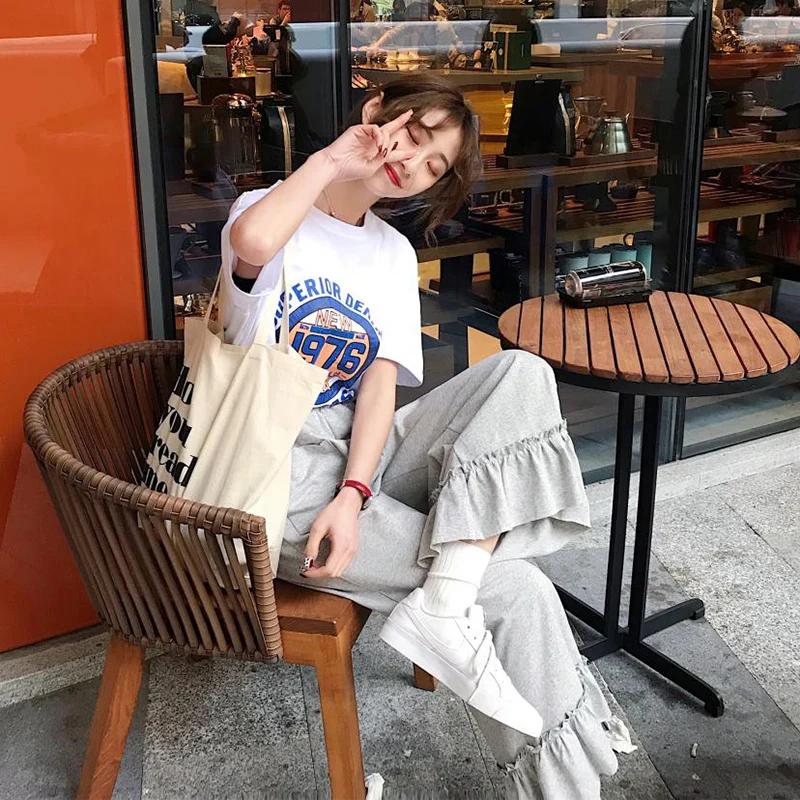 

Брюки с высокой талией и карманами Женская одежда в Корейском стиле Свободные повседневные стильные свободные брюки Ulzzang с оборками и широк...