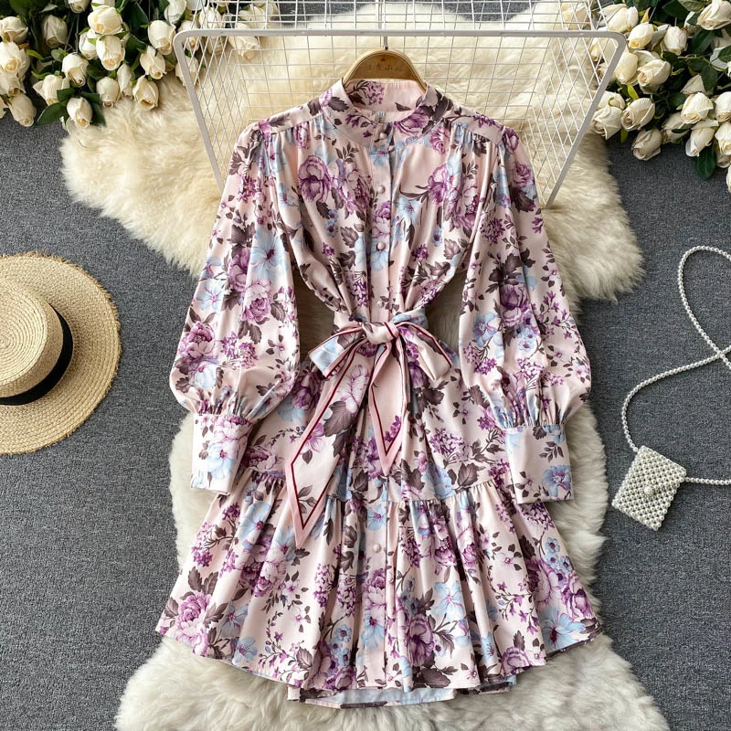 

European Fashion Floral Print Short Dress Women Elegant Spring Autumn Full Sleeve Single Breasted A-line Elegant Party Dresses