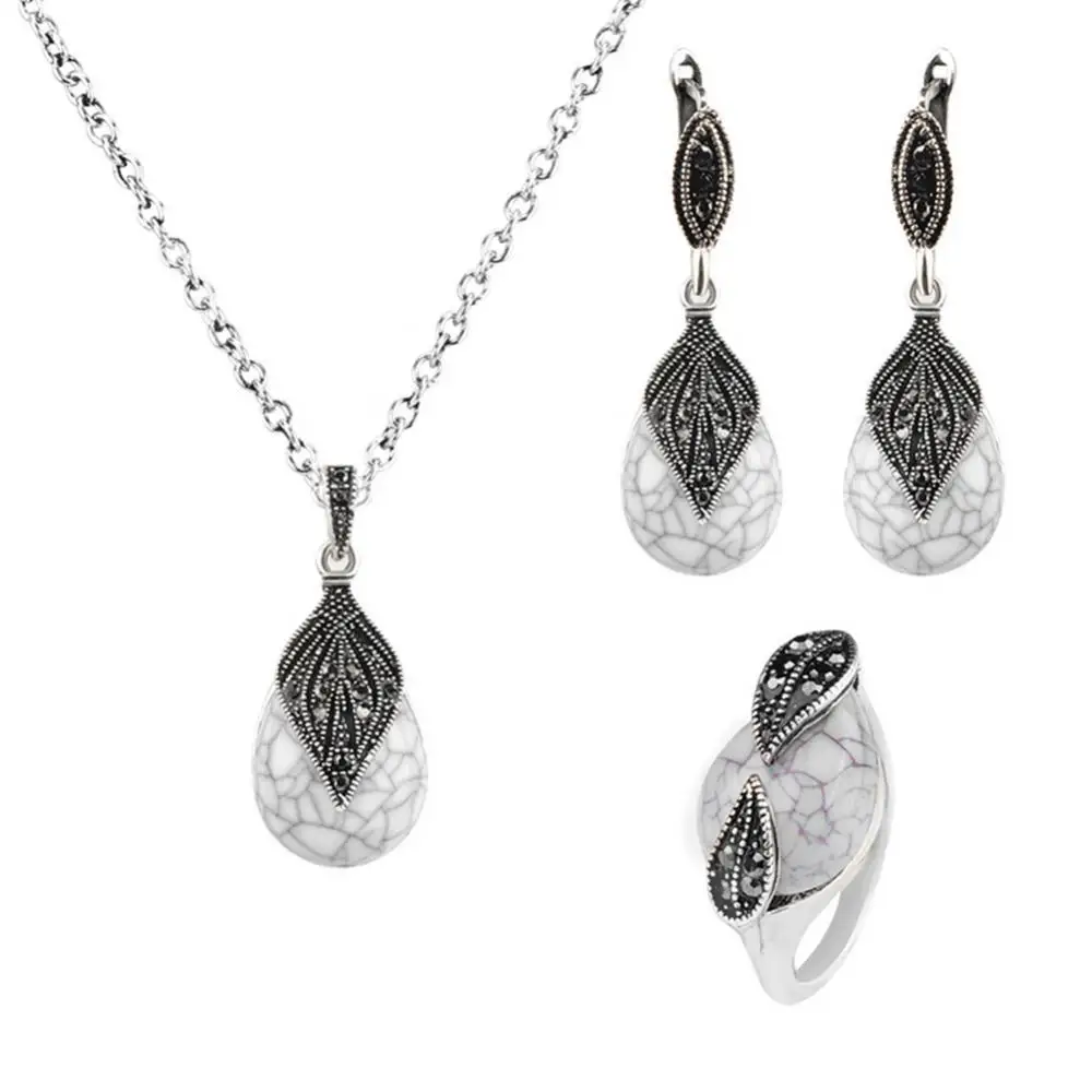 

Leaf Water Drop Faux Turquoise Pendant Necklace Ring Earrings Women Jewelry Set